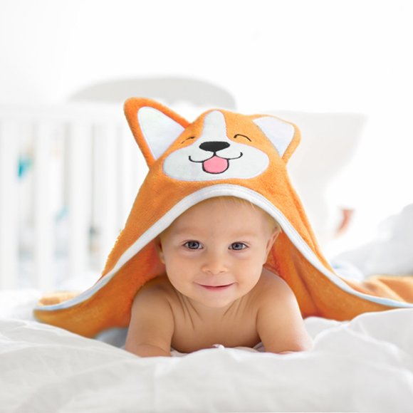 Corgi Dog Baby Hooded Towel | Organic Bamboo | Free Washcloth | Unisex | NEW - Picture 6 of 11